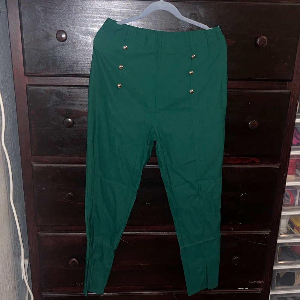 #103 Green High-Waisted Pants with Gold Buttons